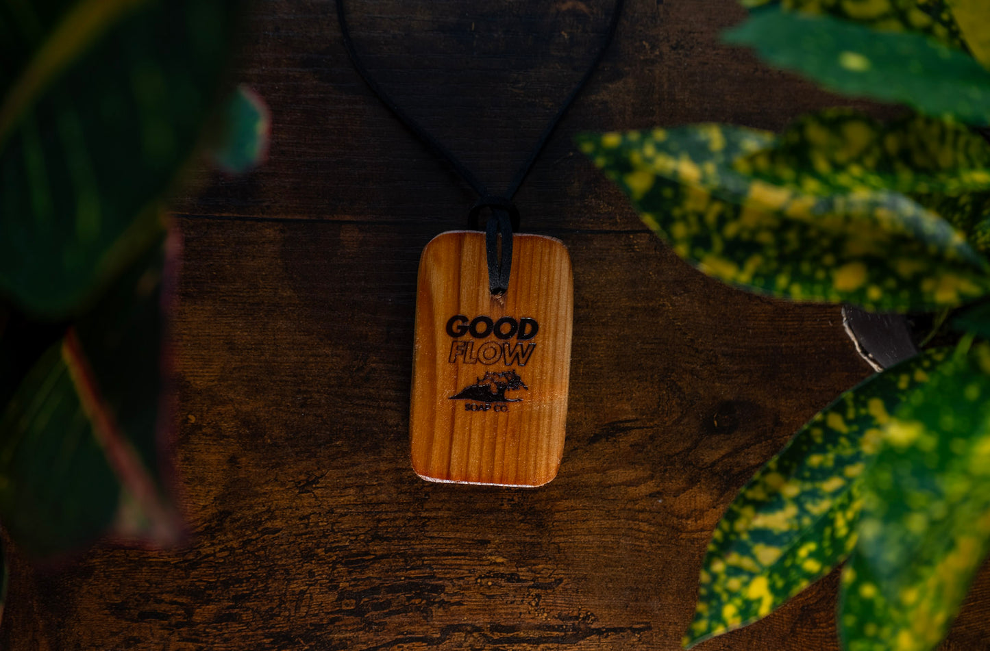 Good Flow Soap co. Handmade Cedar Wood Air Freshener - Natural Vanilla,Sandalwood & Bergamot Scent - Leather Strap for Hanging - 3x2 Inches